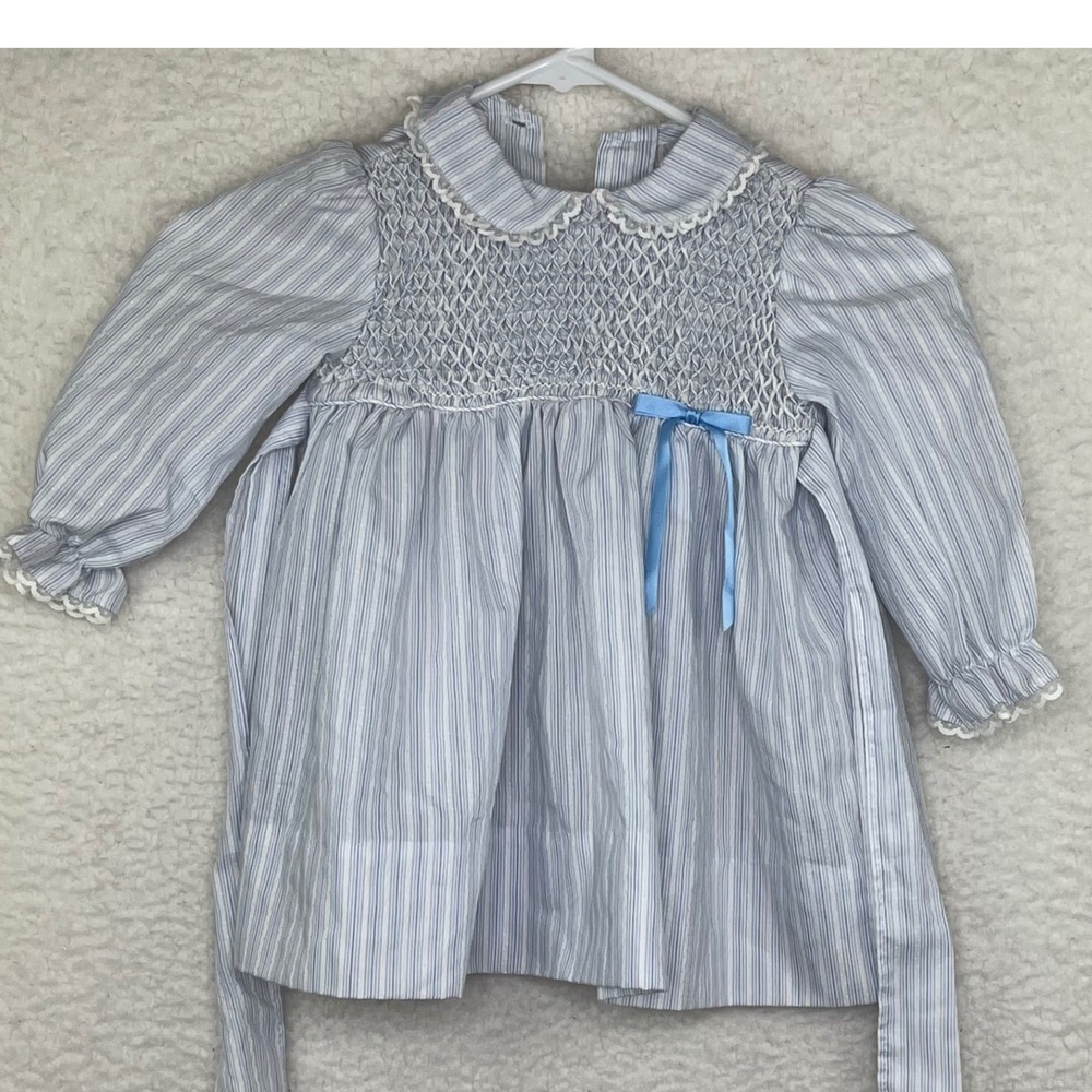 Vintage Blue White Pinstripe Smocked Dress Lace Trim Long Sleeve Sash Girl 3T